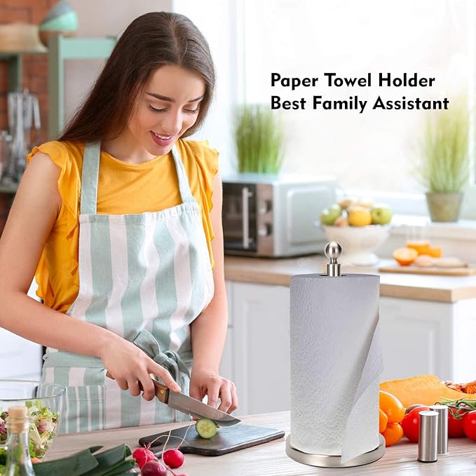 Kalitro Paper Towel Holder Countertop, Standing Paper Towel Roll Holder for Kitchen Bathroom, with Weighted Base for One-Handed Operation (Stainless Steel Base, Brushed Nickel)