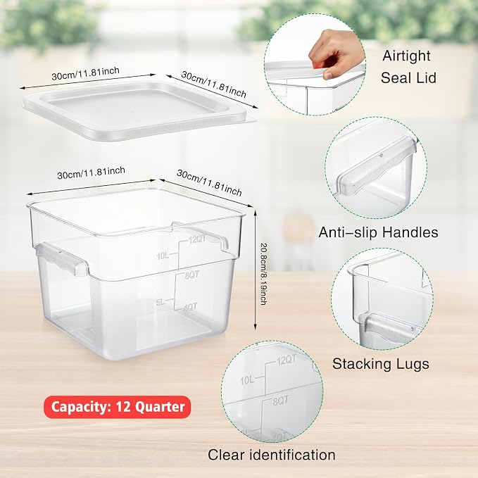 FoldTier 2 Pieces Square Food Storage Containers Polycarbonate Clear food Container with Lid Commercial Storage with Graduations for Commercial Kitchen Dough Marinating Meat(White,12 Qt)