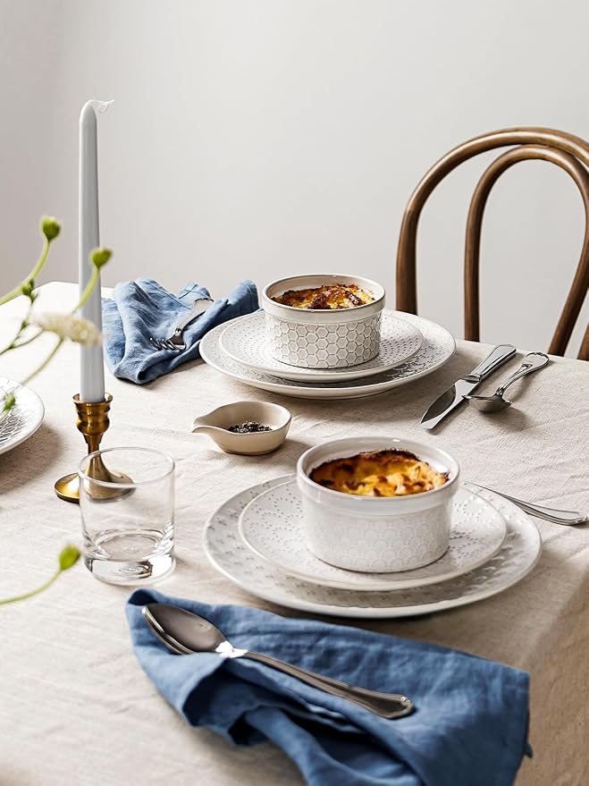 LE TAUCI Ramekins 12 oz, Ramiken for Creme Brulee, Souffle, Dipping Sauce, Ceramic Embossment Housewaming Present -4.8 inch, Set of 4, Arctic White