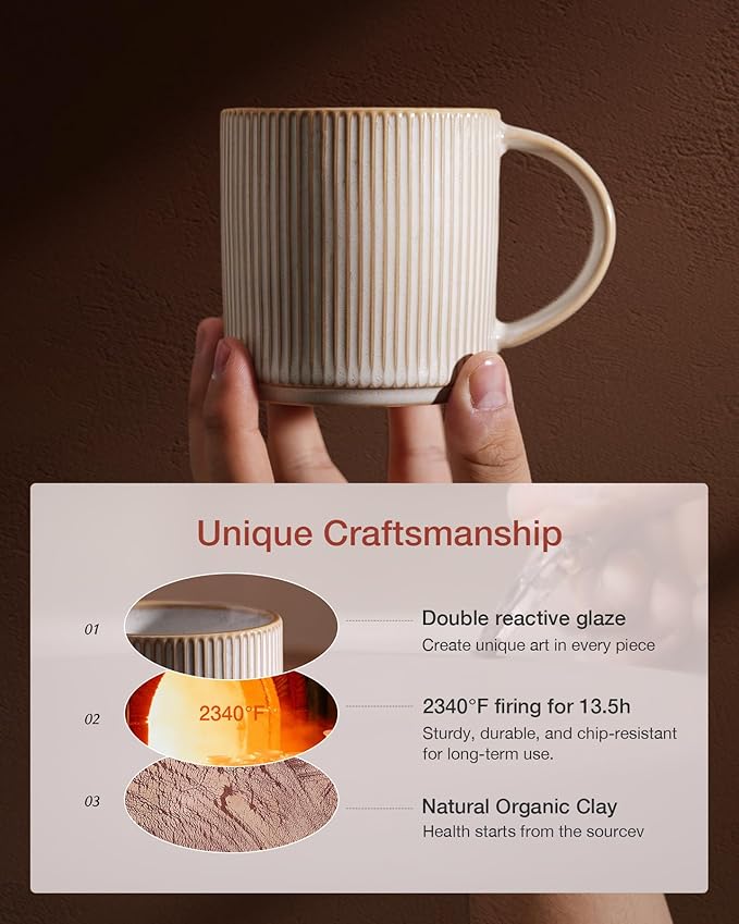 famiware Coffee Mug Set for 4, Star 12 oz Catering Mugs Cup Set with Handle for Coffee, Tea, Cocoa, Milk - Ceramic Stoneware Drinkware Set, Cappuccino White (Pack of 2)
