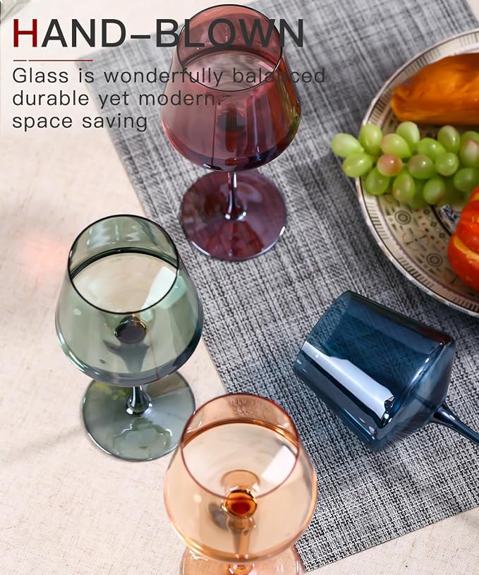 comfit Original Hand Blown Colored Wine Glasses Set of 6-18oz Multi Colored Square Wine Glasses with Tall Long Stems and Flat Bottom,Crystal Colorful Wine Glass-Wedding,Birthday Gifts