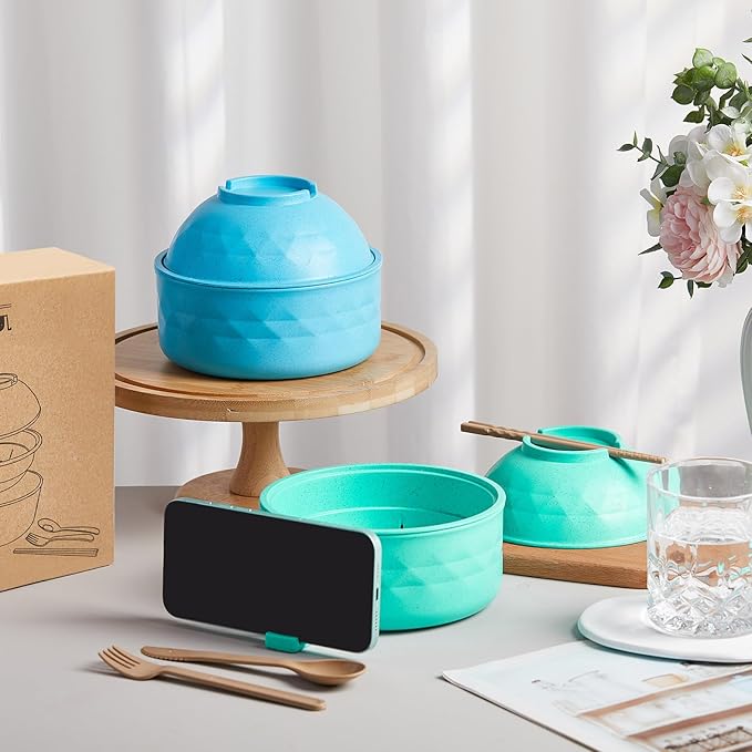 2 Sets Microwave Ramen Bowl 40 oz Wheat Fiber Portable Instant Noodle Cooker Bowl with Handles Strainer Spoon Chopstick Fork College Dorm Room Apartment Essentials(Blue Sky,Mint Green)