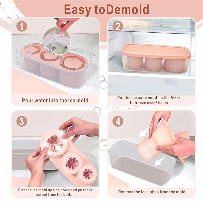 1pc Tumbler Ice Tray for Stanley/Yeti/Simple Modern etc. 40oz Tumblers, Silicone Ice Cube Tray for Tumblers with Bin and Lid, Pink