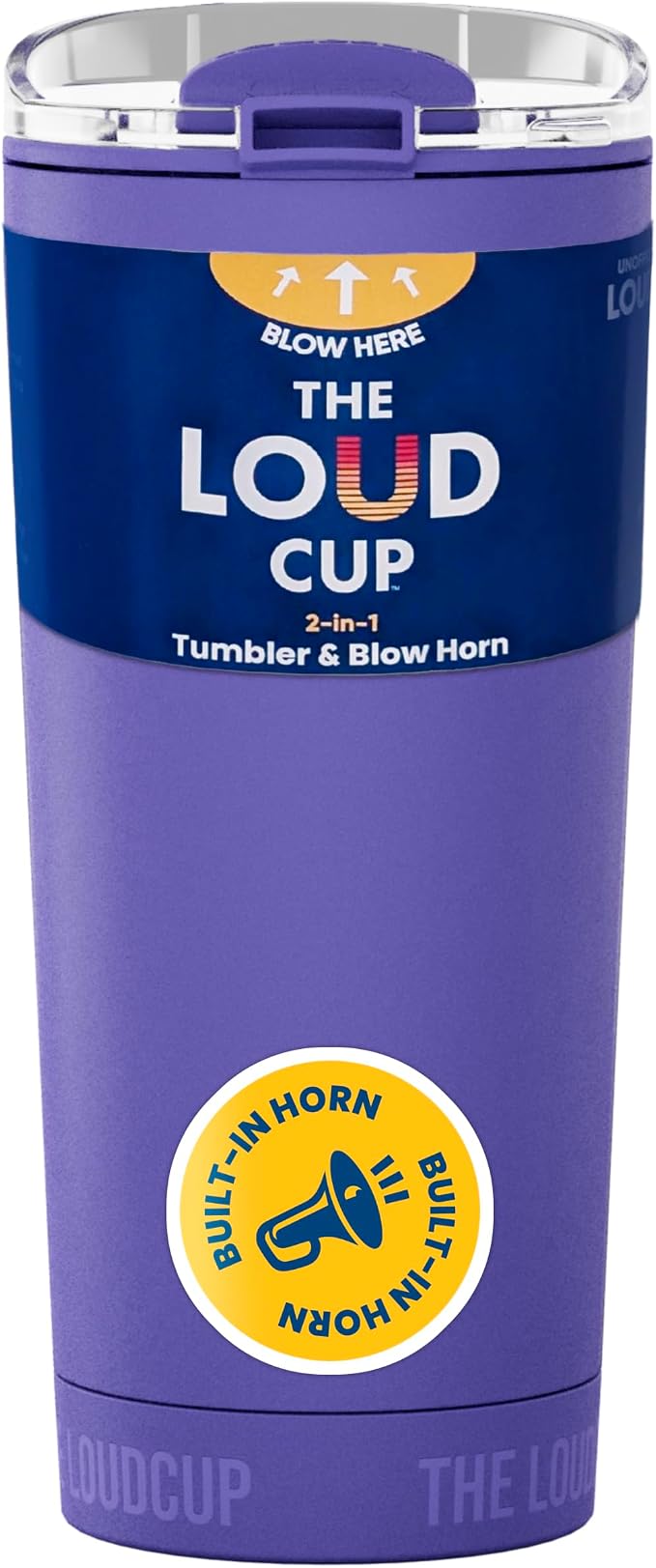The LoudCup Blow Horn Tumbler, Cheer & Sip 2-in-1 Reusable Water Bottle with Built-In Horn for Sports Games, Tailgates, Parties & Events, BPA-Free, 16 oz, Royal Purple