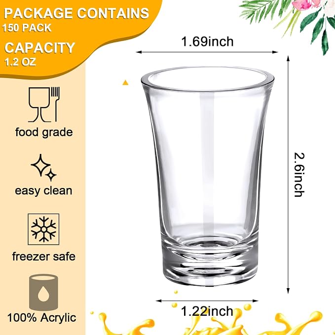 Zubebe 150 Pcs 1.2oz Acrylic Shot Glasses Set with Heavy Base Plastic Clear Round Small Shot Glasses, Bulk for Party Cocktail Vodka Espressos Liqueurs Tequila and Desserts