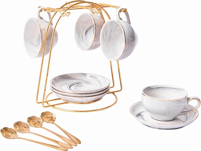 Ceramic Espresso Cups Set with Saucers and Metal Stand, 4 oz Porcelain Stackable Cappuccino Cups Teacup For Tea, Espresso, Latte, Coffee, Cafe Mocha（Gray）
