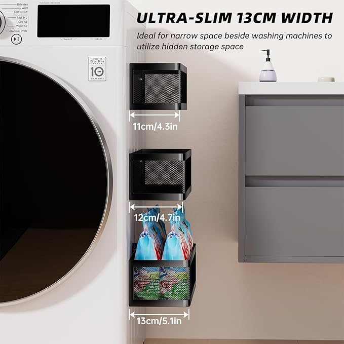 3 Pack Magnetic Shelves for Washing Machine, Strong Hold Black Magnetic Baskets, Multipurpose Magnetic Laundry Organizer & Spice Rack for Refrigerator, Ideal Laundry Room Organization and Storage