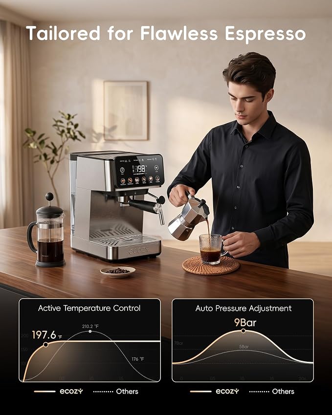 ecozy 2-in-1 Espresso Machine with Milk Frother, Guided Touchscreen | Coffee Maker Combo for Brewing Barista-quality Coffee, Lattes, Cappuccinos, and Americanos at Home