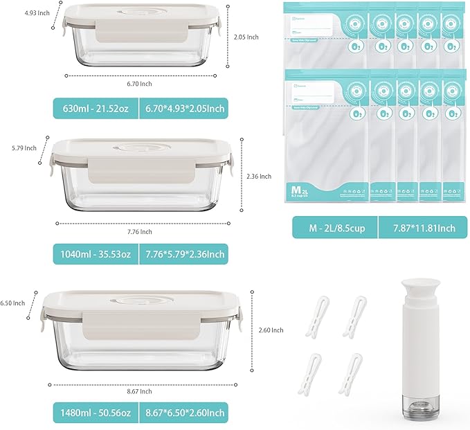 Vacuum Seal Glass Food Storage Containers, 3pcs Containers with 10pcs Sous Vide Bags/ 1pc Manual Pump, Meal Prep Container with Airtight Locking Lids for Lunch, Long-Lasting Freshness