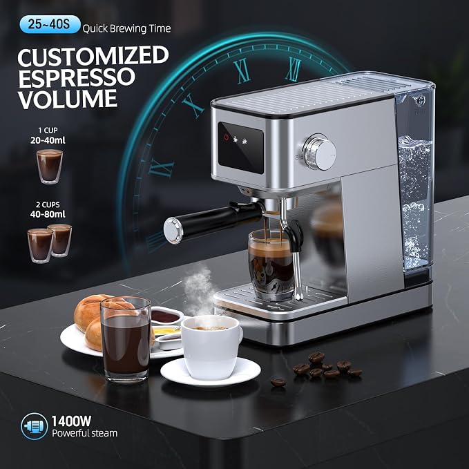 20 Bar Pump Espresso Machine with LED Touchscreen & Steam Wand | Small, Stainless Steel, 45s Quick Heat, Custom Brew Time, 57.5oz Removable Tank, Latte & Cappuccino Machine for Home, Silver
