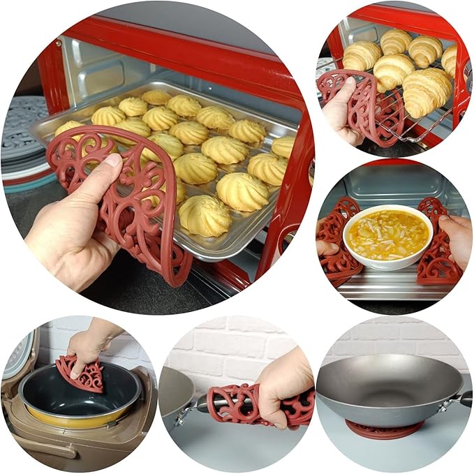 Silicone Trivet Mat-Trivets for Hot Dishes, Table, Countertop, Non-Slip Heat Resistant Modern Kitchen Teapot Trivet-Flexible Round Pads Mats, Multi-Use Intricately Carved Pad Mat of 6 Wine Red