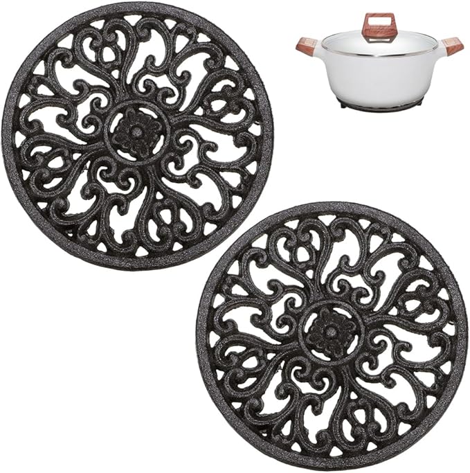 Sumnacon 2Pcs Round Cast Iron Trivets - 6.7 Inch Heat Resistant Iron Trivets for Hot Dish Pot Pan Plate Teapot, Rustic Cast Iron Hot Dish Plate Holder for Kitchen Dining Table Countertop Cooktop