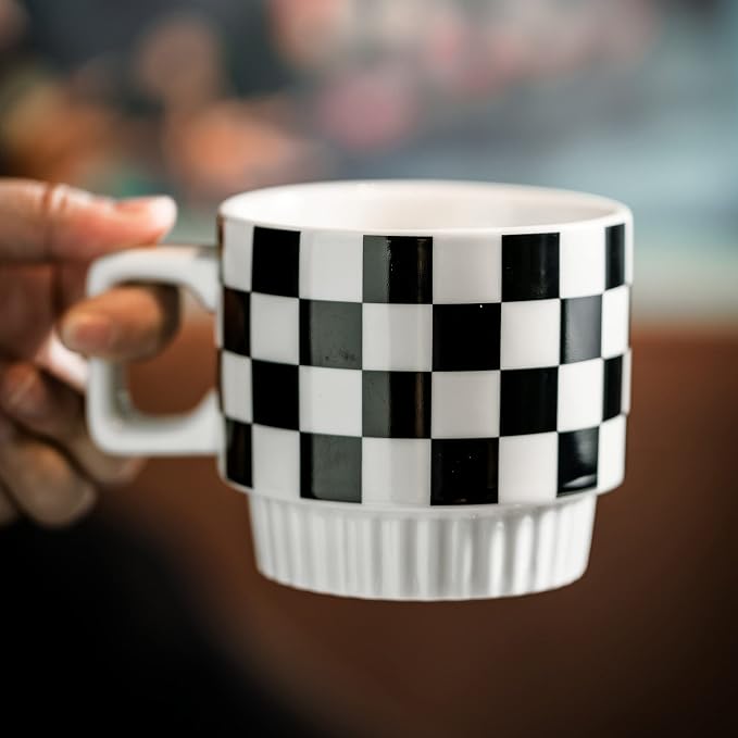 Miamolo Stackable Coffee Mug Set of 4 with Rack 11 oz Tea Cup Set with Little Spoon for Coffee Tea Cocoa Milk, Father's Day,Checkered Black and White Pattern Coffee Mug for Housewarming Gift