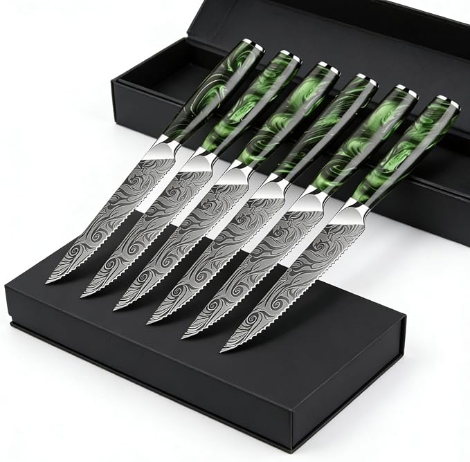 6-Piece Premium Japanese Kitchen Knife Set - Imperial Collection, Laser Damascus Pattern, 440A Stainless Steel Ultra Sharp for Fast Cutting (Green Steak Knife)