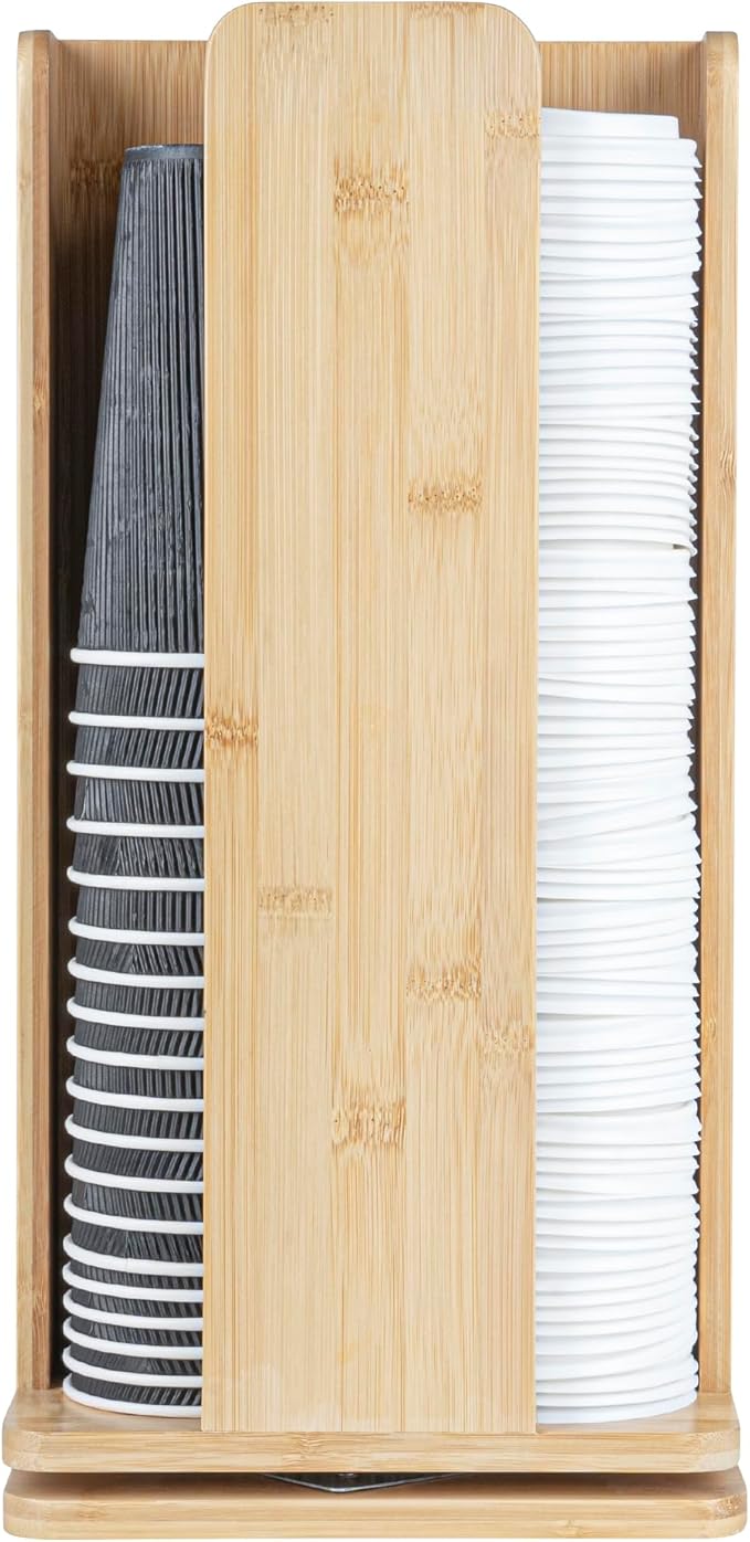 Restaurantware Restpresso 9 x 18 Inch Coffee Cup and Lid Organizer 1 Revolving Cup and Lid Holder - 4 Section Countertop Natural Bamboo Cup and Lid Dispenser For Restaurants Homes or Offices