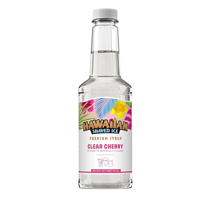 Hawaiian Shaved Ice Clear Cherry Syrup - Nut Soy Dairy & Dye Free - Flavor Fluffy & Crunchy Snow Cones - Shelf Stable - Makes 8 Servings - 16 ounces