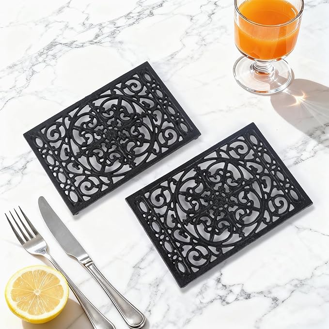 Notakia 9.6 x 6.3 Inch Cast Iron Trivet Set, Large Metal Trivets for Hot Dishes Pots Pans Decorative Kitchen Trivets, Heat-Resistant Trivet Mats for Quartz Countertops, Table Cooktop (Black, 1 Pack)