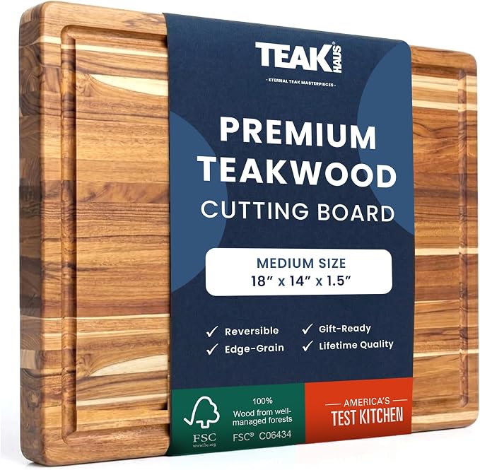 Teakhaus Carving Board with Juice Groove - Medium (M) Teak Wood Cutting Board 18”L x 14”W x 1” Thick - Lightweight, Sustainably Harvested & FSC Certified - Knife Friendly with Beeswax Oil Finish