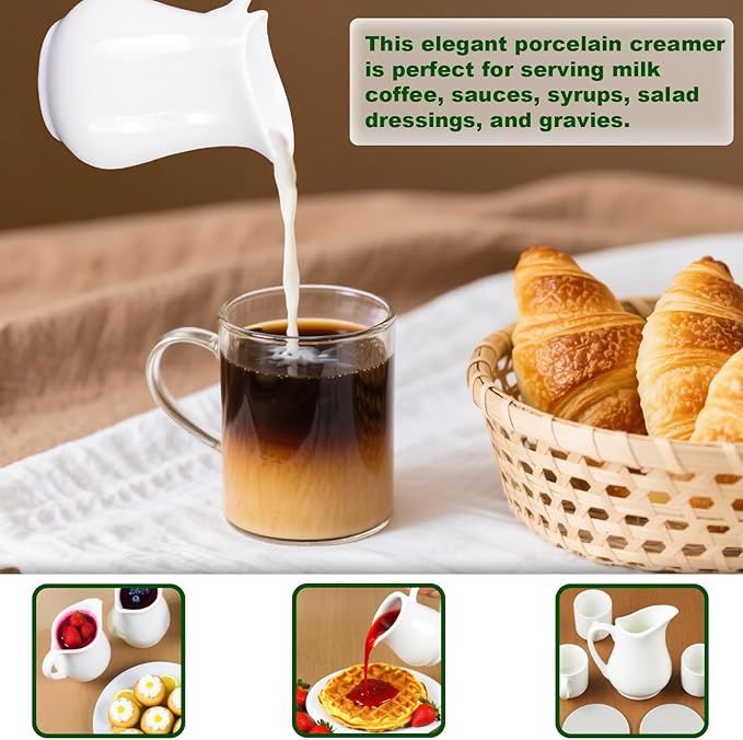 16 Pcs 4.5 oz Small Creamer Milk Pitcher with Handle Classic Porcelain Maple Syrup Container White Ceramic Dairy Dispenser for Microwave Coffee Salad Sauce