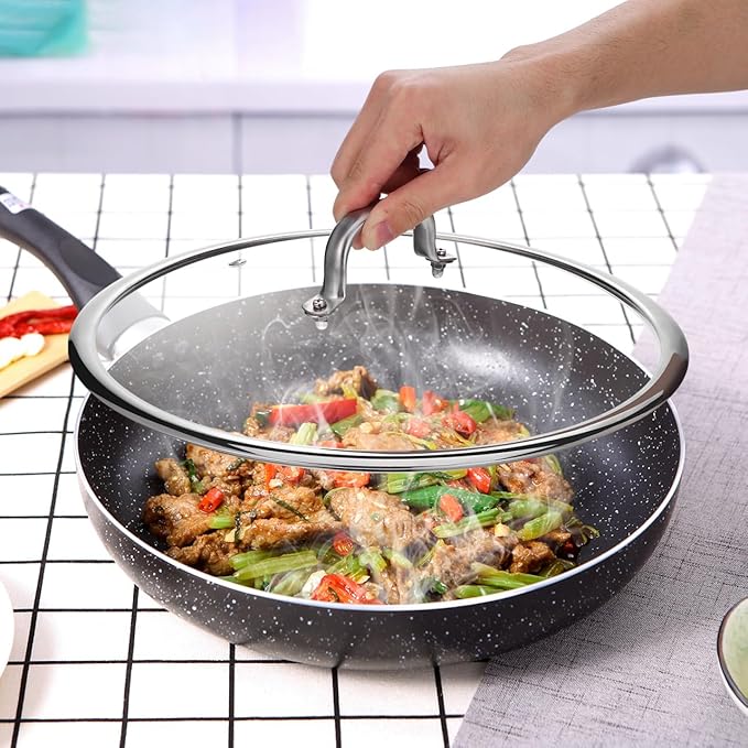 DOITOOL 13 Inch Tempered Glass Pot Lid with Heat-Resistant Handle Thickened Visual Cover for Frying Pan Kitchen Cookware Accessory with Steam Vent and Non-Slip Grip