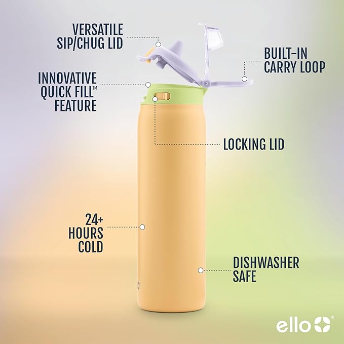 Ello Pop & Fill 22oz Stainless Steel Water Bottle with Quick Fill Technology, Double Walled and Vacuum Insulated Metal, Leak Proof Locking Lid, Sip and Chug, Reusable, BPA Free, Sunset Meadow