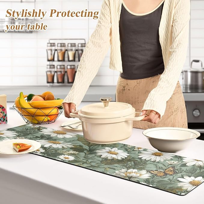2 in 1 Table Runner Trivet for Hot Pots and Pans Heat Resistant Non Slip Waterproof 39 x 12 Inch Decorative Table Protector for Kitchen Countertop Summer Daisy Butterfly Green