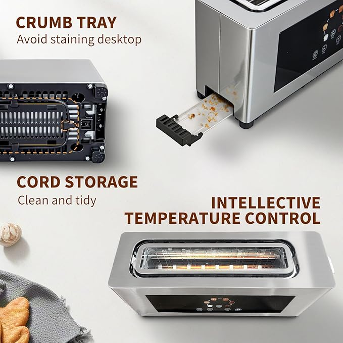 Touch Screen Toaster with Defrost & Removable Tray, 2 Slice Slim Toaster with Long Slot for White Bread, 6 Browning Levels, 1200W Compact Stainless Steel