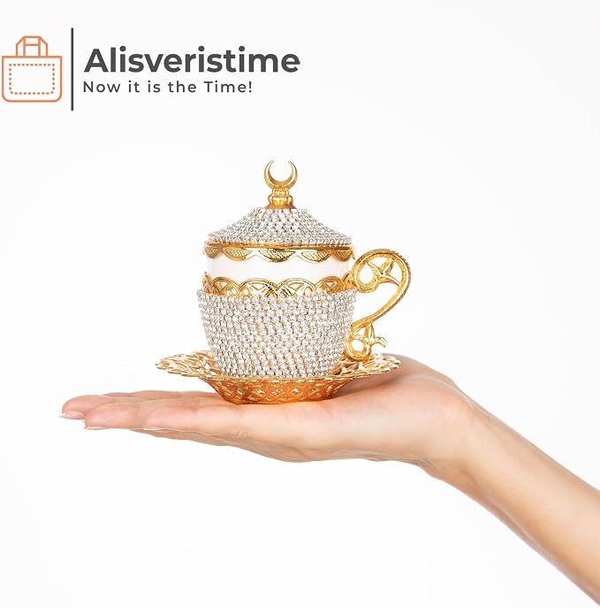 Alisveristime Turkish Coffee Cup Set - Authentic Turkish Greek Arabic Coffee Espresso Cup with Saucer (Enhance Your Coffee Experience Now!) (1 Pc) (Crystal Gelincik Design) (Gold)