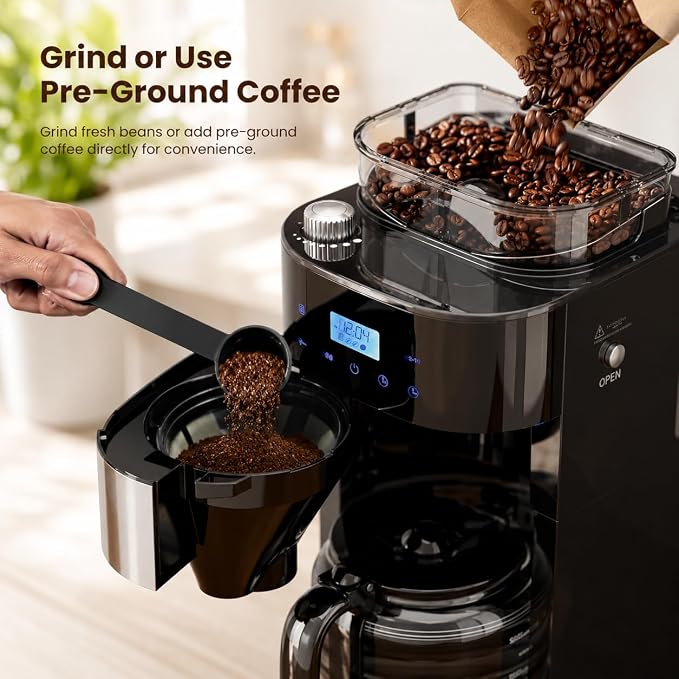 Kismile 10-Cup Digital Drip Coffee Maker with Built-In Grinder, Programmable, 24H Timer, Keep-Warm Function, Customizable Strength & Grind Size, Coffee Machines with Smart LED Touchscreen
