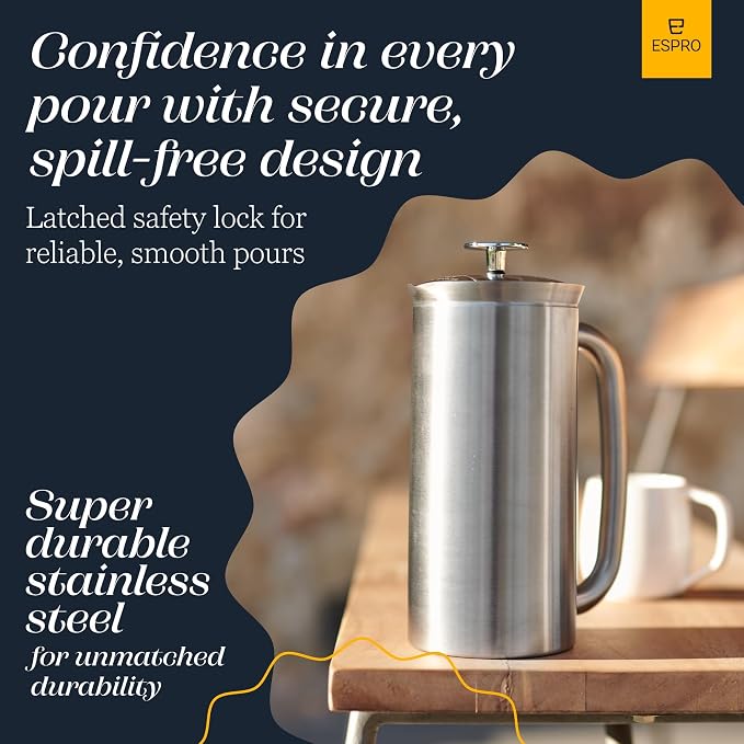 ESPRO Pro P7 Brushed Stainless Steel 304 French Press Coffee Maker for Dad, Patented Double Walled Micro-Filter, Insulated Grit-Free Brew, Heat Resistant BPA Free, 32oz