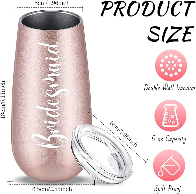 Amyhill Bridesmaid Wine Tumblers, Bride Champagne Flute Maid of Honor Bride Mugs, 6 oz Stainless Steel Bridesmaid Proposal Gifts for Engagement Wedding Bachelorette Party Supplies (Set of 10)