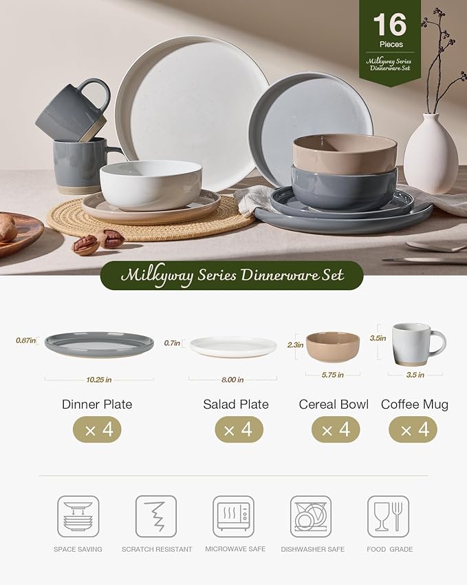 Famiware Milkyway Stoneware Dinnerware Sets with Mugs, Service for 4 (16pcs), Plates and Bowls Sets, Scratch Resistant, Microwave and Dishwasher Safe Dishes Set, Multi-color