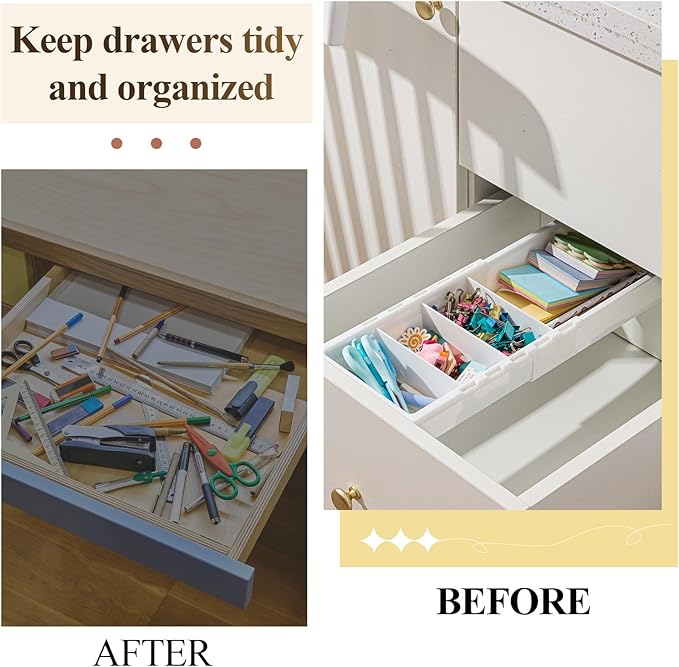 1 Pcs Expandable Drawer Organizer Bins Adjustable Deep Drawer Hanging Organizer Tray Expandable 11.4 to 18.1 Inches Plastic Dividers Storage for Office Bathroom Bedroom Kitchen Desk, White
