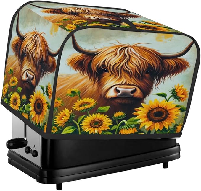 Sunflower Highland Cow 4 Slice Toaster Cover Dust And Fingerprint Bread Maker Cover Bakeware Protector Washable Appliance Covers Kitchen Accessories For Home Kitchen Women Gift
