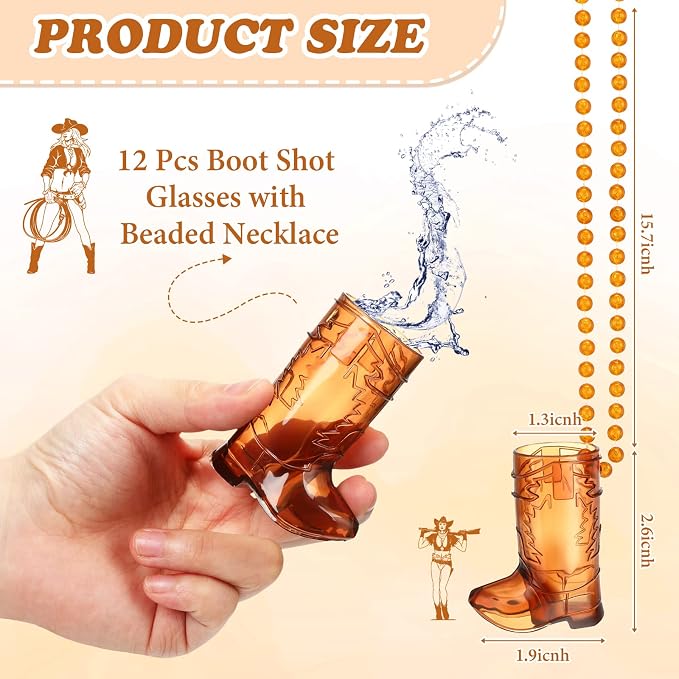 Sieral 12 Pcs Cowboy Boot Shot Glasses on Beaded Necklace Plastic Reusable Cowgirl Shot Boot Glasses Necklace Party Cups for Cowboy Cowgirl Bachelorette Carnival Western Birthday (Transparent Brown)