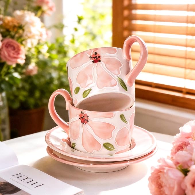 KAMMAK Tea Cups and Saucers Set of 2, Porcelain Coffee Cups, 8.5-Ounce Stackable Espresso Mugs, Ceramic Demitasse for Coffee, Latte, Americano, GX20