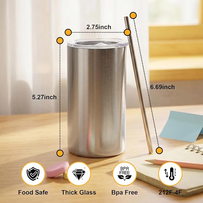AGH 12OZ Sublimation Silver Tumbler with Lids and Straws 4Pack Stainless Steel Straight Skinny Tumblers for Kids Double Wall Insulated Cup for Water Juice and Travel.Great DIY Gift for Kids