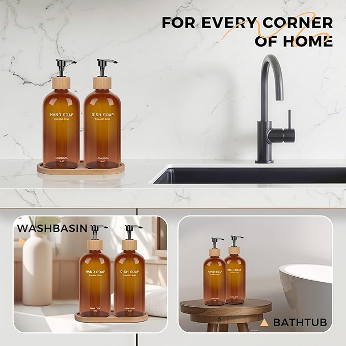 Dish and Hand Soap Dispenser Set with Tray, 16OZ Refillable Glass Bottles and Wood Pump, Double Bottle Countertop Organizer for Kitchen and Bathroom (Amber)