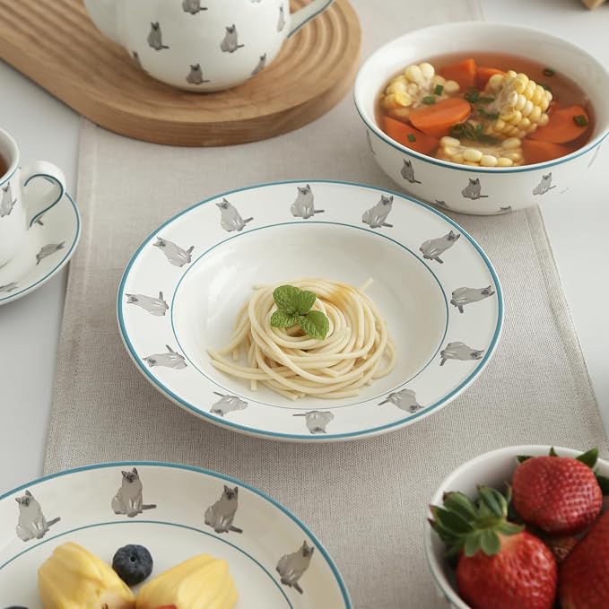 London Pottery Ceramic Dinner Round Plates, 8"Plates, Serving Dishes, Microwave Oven Dishwasher Safe, Kitchen Porcelain Dish, Christmas Housewarming Gift (Cat, Salad Plate，8‘’)