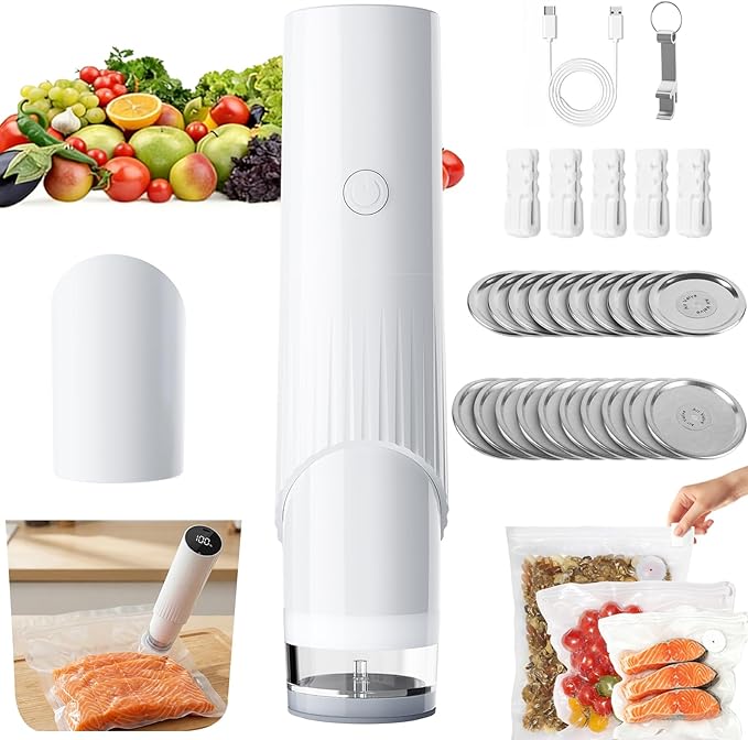 Handheld Vacuum Sealer for Food, Electric Food Vacuum Sealer Machine with Water Tank, 15 Vacuum Bag & 20 Mason Jar Lids, 60Kpa Suction for Food Preservation, Seal Food 8X Fresh Longer, Seal Meal Saver
