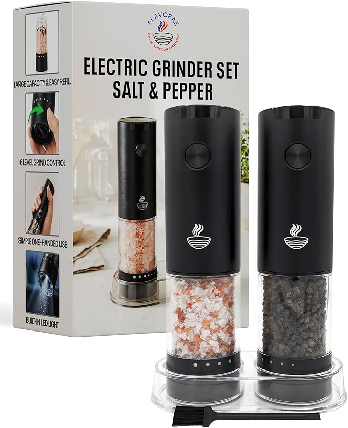 Electric Salt and Pepper Grinder Set - Black 2 Pack Battery Operated Mills with 95ml Large Capacity, Adjustable Coarseness, Built-in LED Light, Automatic Salt & Pepper Shakers for Kitchen