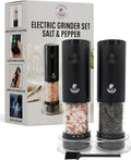 Electric Salt and Pepper Grinder Set - Black 2 Pack Battery Operated Mills with 95ml Large Capacity, Adjustable Coarseness, Built-in LED Light, Automatic Salt & Pepper Shakers for Kitchen
