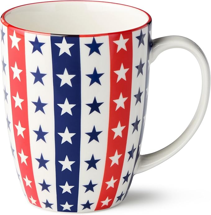 Patriotic Pad Print Porcelain MUGS SET of 6, 14 ounce red white and blue assorted star stripe and flag designs for coffee tea and festive everyday drinkware