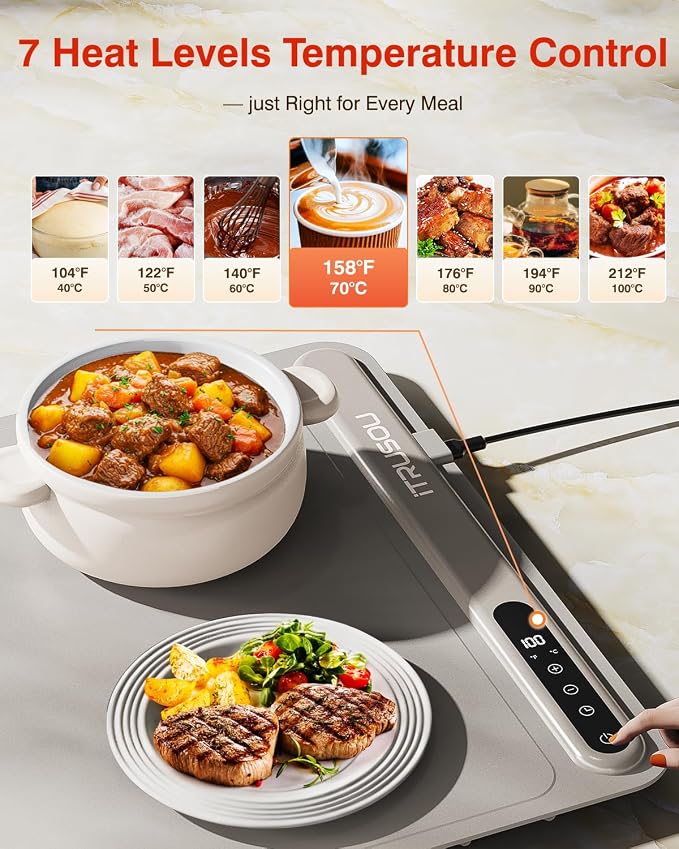 Warming Mat for Food (24"x16") - iTRUSOU 7-Level Electric Warming Tray with 400W High-Power, Timer 0–99H & Built-In Strap - Rollable Large Food Warming Mat for Parties & Buffet