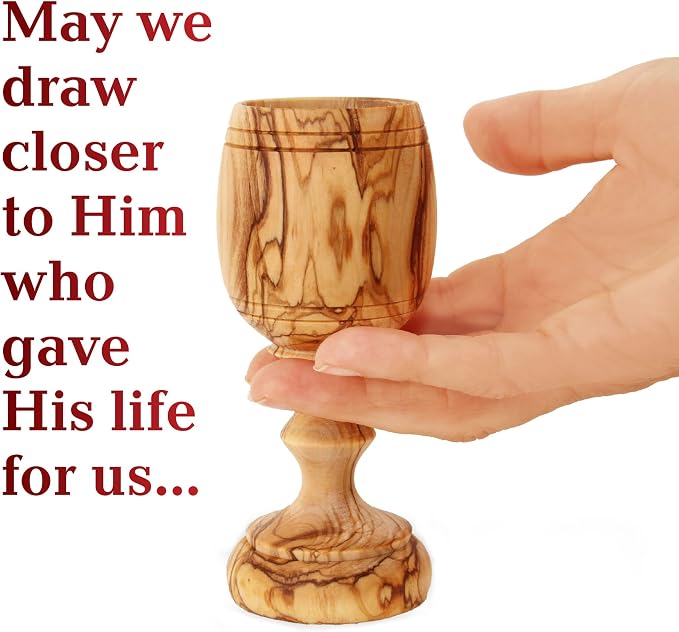 2 Small Communion Cups with Natural Olive Wood Bread Plate – Hand-Carved Kiddush Set for Church, Ministry & Worship – Includes Certificate of Origin