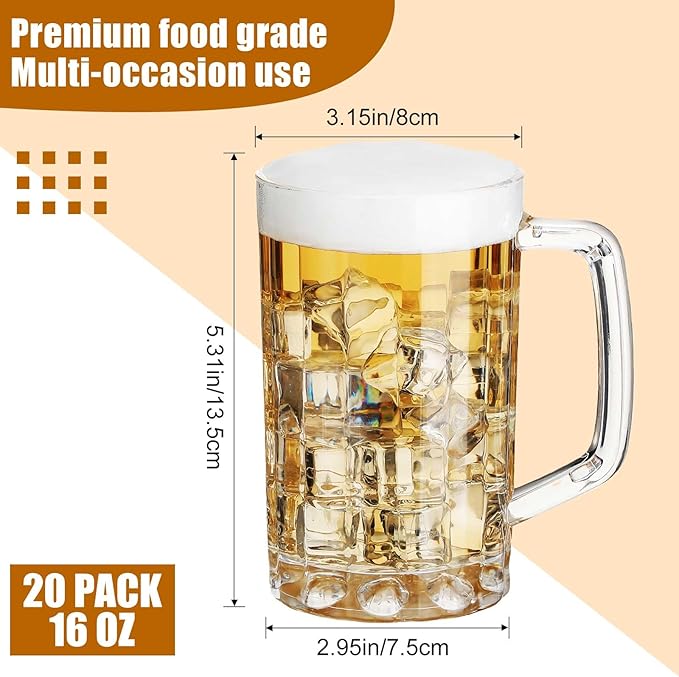 Mifoci 20 Pcs Plastic Beer Mugs with Handles 16 oz Oktoberfest Beer Stein Bulk Reusable Drinking Cups Glasses for Bavarian Party Supplies Cocktail Beverages Alcohol Soda