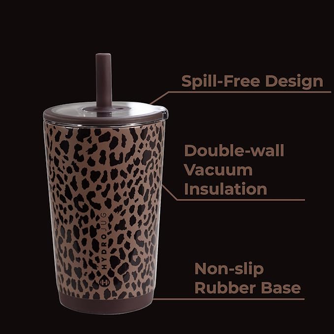 HydroJug Everyday Tumbler 14 oz, Ceramic-Lined Straw Cup, Brown Leopard
