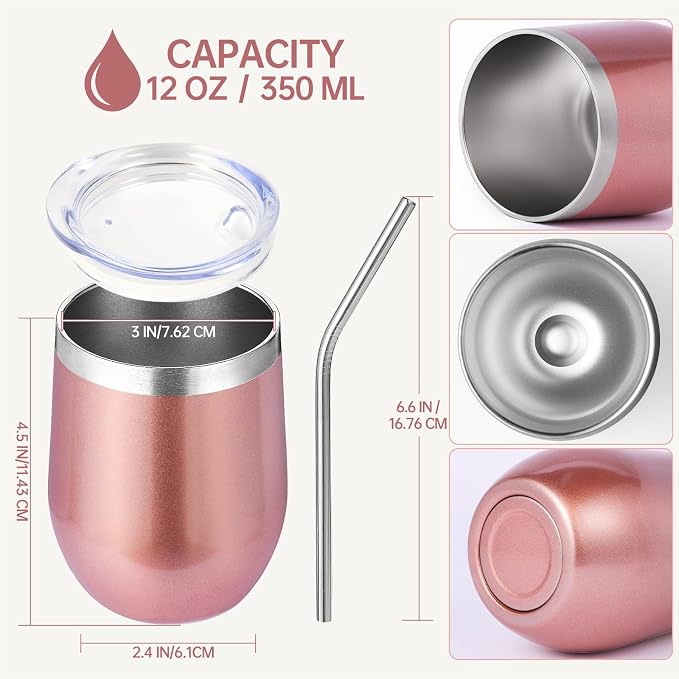 Volhoply 12oz Stainless Steel Wine Tumbler with Lid Bulk 12 Pack,Double Wall Vacuum Stemless Wine Glasses,Reusable Metal Travel Coffe Mug with Straw,Insulated Cup Gifts for Christmas（Rose Gold,12 Set）