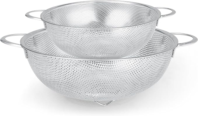 Gulex Stainless Steel Colander and Strainer Set(5-Quart and 3-Quart)，Metal Strainers with Base, Strainer for Kitchen Food, Dishwasher Safe