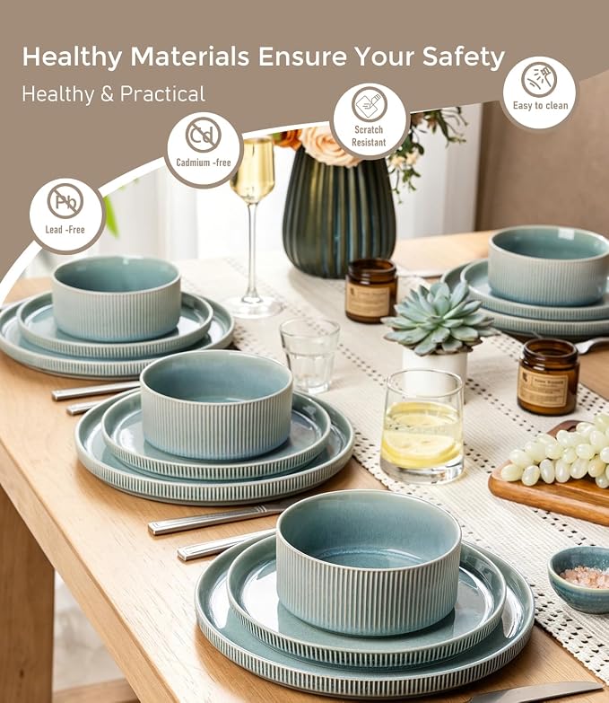 GBHOME 12-Piece Stoneware Dinnerware Set for 4 – Ribbed Ceramic Plates and Bowls, Scratch-Resistant, Microwave & Dishwasher Safe, Reactive Glaze, Malachite Green